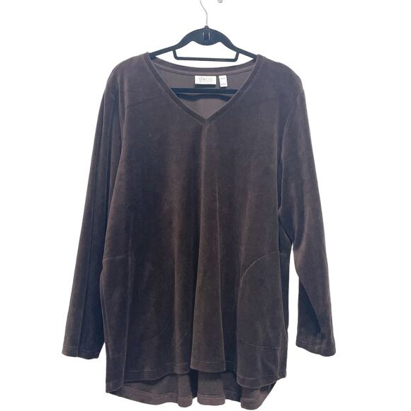 Denim & Co. Active Women's XLP Brown Velour Front Pockets V Neck Tunic Top - Picture 1 of 7